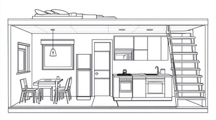 Cross-section of a small modern home interior, kitchen, dining area, staircase, living inside, white lines, architectural design