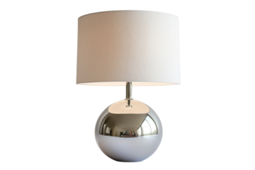 Modern chrome table lamp with a white lampshade providing ambient lighting for interior decoration on transparent background