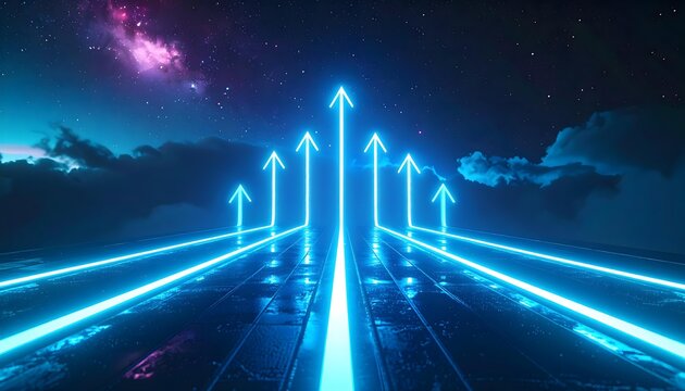 夜空を突き抜ける光の矢印と上昇グラフの未来的デザイン