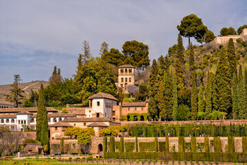 Granada. Palace complex Alhambra. Beautiful city in Spain with the Sierra Nevada mountains in the background. Travel, Tourism