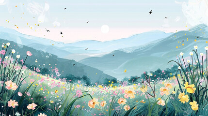 Watercolor meadow landscape with wildflowers, mountains, and birds, evokes serenity