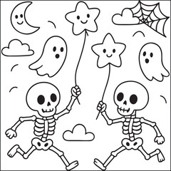 Fototapeta premium Halloween little spooky black and white coloring pages for adults. 