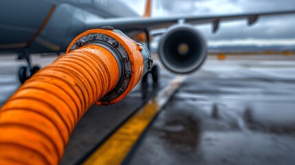 Aircraft wing close-up during SAF refueling with fuel hose connected to hydrant dispenser.