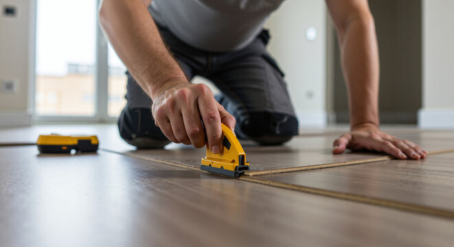 Man installing laminate flooring using a cutter on wooden surface   - Powered by Adobe