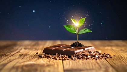 Chocolate bar with sprout with growth concept on wooden table.
