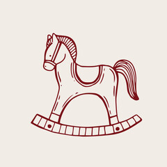  Red horse hand drawn illustration, cute pony christmas toy, whimsical vector rocking horse