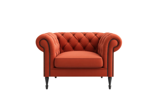 Elegant orange chesterfield armchair with button tufting and dark wood legs on transparent background