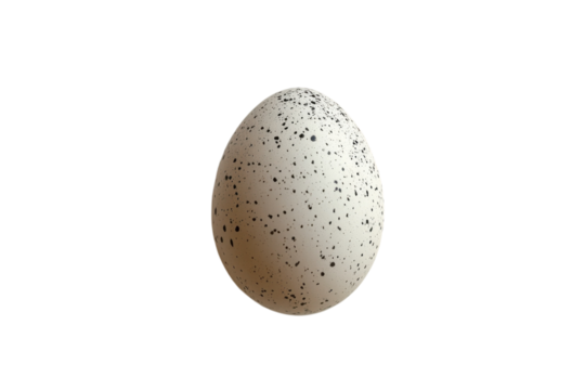 Single speckled egg with a white shell and black spots against a stark on transparent background