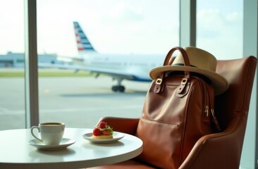 A table at an airport cafe with coffee (cappuccino, Americano) and dessert, a backpack and a hat nearby. A view of the airfield. A snack before departure, the journey