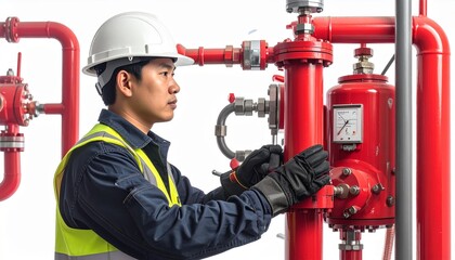 Professional worker inspecting red industrial pipeline system with safety gear and equipment ensures safety and quality in manufacturing and engineering settings
