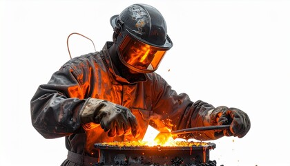 Skilled metalworker shaping molten metal with intense focus and precision, forging artistry in a fiery dance of creation and industrial mastery