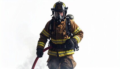 Naklejka premium Brave firefighter in full gear holding fire hose ready for action, showcasing courage and dedication in emergency response efforts, perfect for safety campaigns