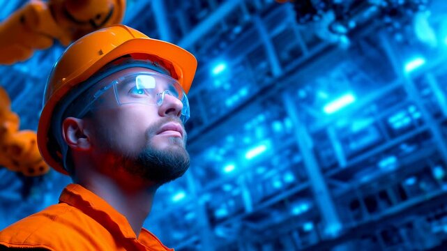 Focused professional in protective gear examining advanced robotic production line, analyzing complex automated machinery with technical expertise and concentration.