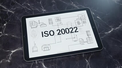 ISO 20022 digital payment standard concept on tablet screen, modern fintech interface showing secure financial data exchange and banking technology network on dark marble background