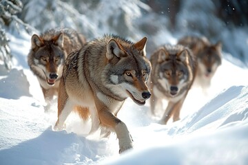 Fototapeta premium pack of prehistoric wolves tracking prey in snow