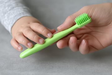 Child's hand holding green toothbrush with adult guidance on gray background