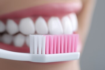 Obraz premium Close-up of smiling teeth with pink toothbrush