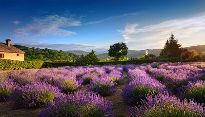 purple lavender flowers in bloom on a rural landscape scene in a garden