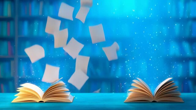 Ethereal book pages floating and swirling against vibrant blue library backdrop. Dynamic white paper sheets creating magical learning environment with sparkling illumination