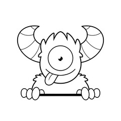 Alien monster cyclops topper peeking over an edge classic Halloween monster black and white hand drawn clip art