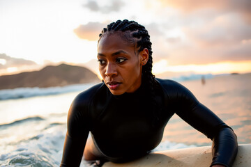 Focused Black female surfer paddling on a surfboard in the ocean at sunset or sunrise, determination and healthy athletic lifestyle against a tropical beach backdrop.