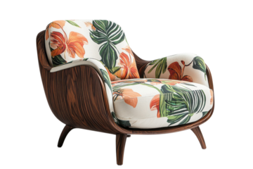 Stylish armchair with tropical floral pattern upholstery and dark wood frame for modern living room decor on transparent background