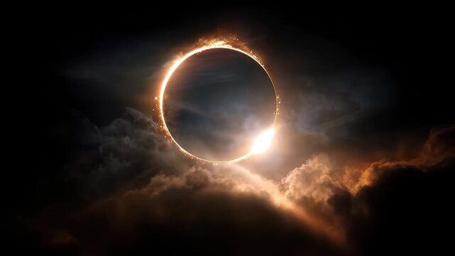 Solar eclipse showing a stunning ring of fire as sunlight peeks around the darkened moon against a backdrop of clouds and twilight sky