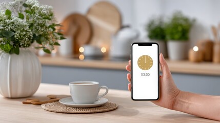 Female hand holding smartphone with timer in modern kitchen setting