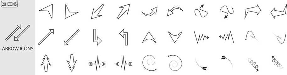 Arrows icons set. Line arrows. Vector arrows of various shapes and directions.