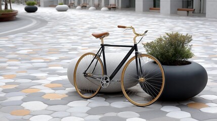 Vintage bicycle on modern geometric paved path in urban setting