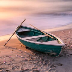 Coastal Serenity: A tranquil boat rests peacefully on a sandy shore, oars gently laid across its frame, evoking a sense of calm and quiet solitude.