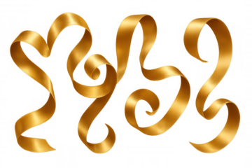 Golden ribbon swirl forming heart for celebration greeting design. Holiday gift decoration on transparent background