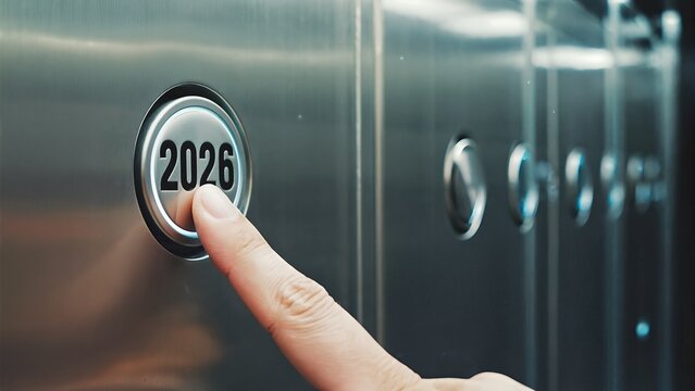 2026 Elevator Button. Futuristic Interface Concept With Finger Pressing Metallic Button. Modern Technology Environment Detail