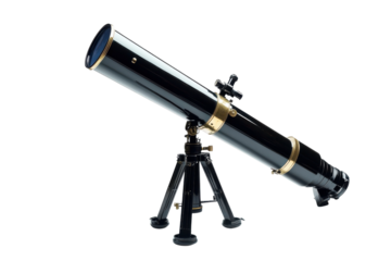 Black telescope with brass accents sits on a tripod ready for astronomical observation and stargazing on transparent background
