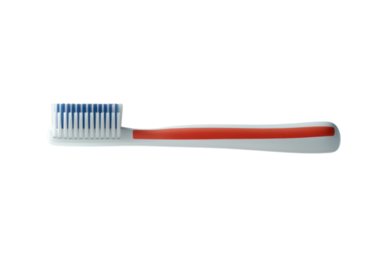 Closeup of a toothbrush with blue and white bristles and a red stripe on transparent background