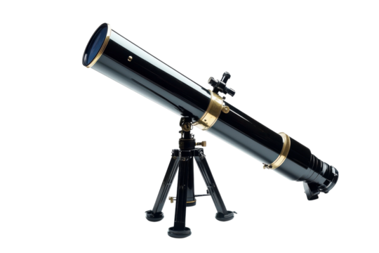 Black telescope with brass accents sits on a tripod ready for astronomical observation and stargazing on transparent background