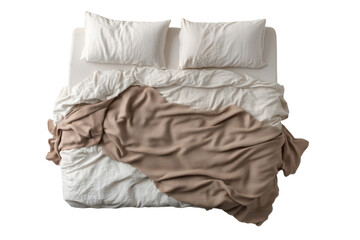 Cozy bed with white linen sheets and pillows and a beige knit blanket from an aerial point of view on transparent background