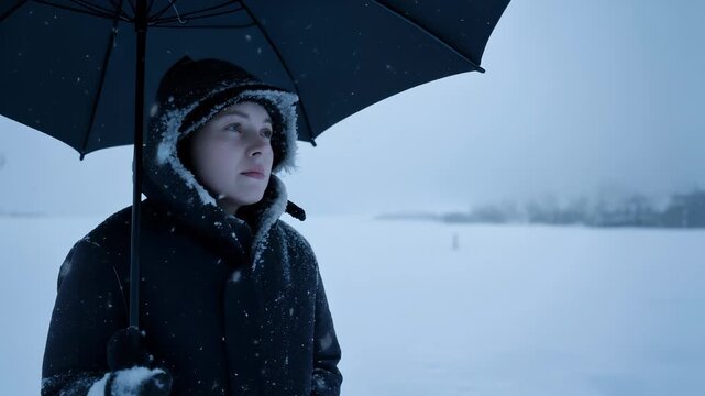 Lone traveler pauses amid falling snow, black umbrella shielding her from gentle winter storm. Misty landscape with distant trees, hooded coat with fur trim capturing moment of quiet reflection.