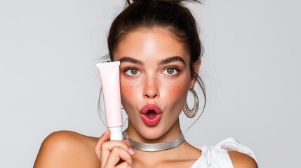 Editorial-style beauty photo of a young woman with natural makeup holding a pink cosmetic tube, perfect for skincare and beauty branding.
