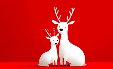 Two stylized deer, one adult and one fawn, stand together against a vibrant red background, showcasing a playful and whimsical illustration style with charming features