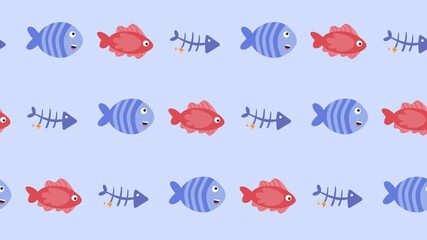 Seamless pattern of cute cartoon fish and fish skeleton icon in background animation. Repeating wallpaper with a marine life decorative element concept. Playful aquatic tile backdrop looping design.