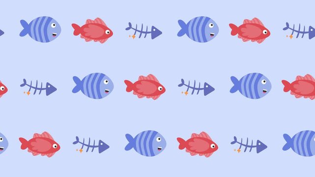 Seamless pattern of cute cartoon fish and fish skeleton icon in background animation. Repeating wallpaper with a marine life decorative element concept. Playful aquatic tile backdrop looping design.