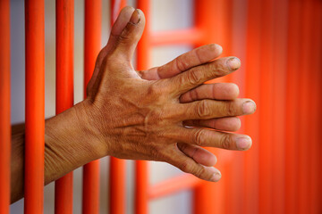 Hands Reaching Through Vertical Bars in an Orange Background