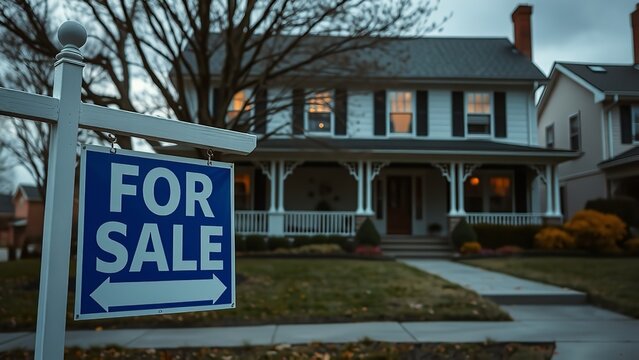 Traditional two-story house for sale with front porch and well-maintained lawn, illuminated against a muted evening sky.