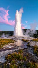 Geyser erupting with sky and clouds
