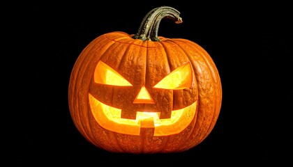 Obraz premium Classic jack-o'-lantern glowing warmly amid autumn leaves and rustic Halloween decor.