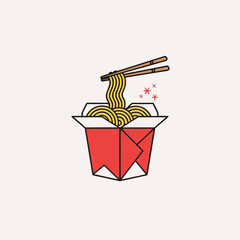 Stylized Illustration of a Takeout Box Filled With Delicious Noodles Being Eaten With Chopsticks, Perfect for Food-Related Designs