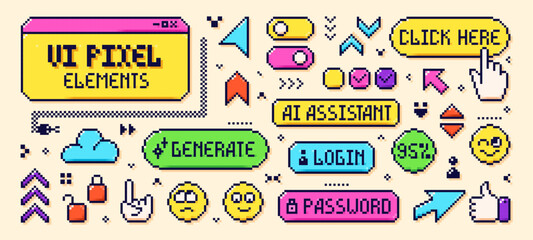 Pixel Y2K user interface elements. Speech bubbles, emojis, gestures, speech bubbles, and arrow.