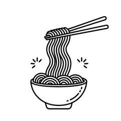 Stylized Line Art Illustration of Delicious Noodles Being Lifted with Chopsticks from a Bowl, Representing Asian Cuisine and Culinary Delights