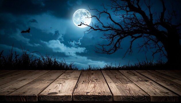 Witch silhouette flying across full moon in eerie night sky, with bats, leafless tree, and misty deck below.